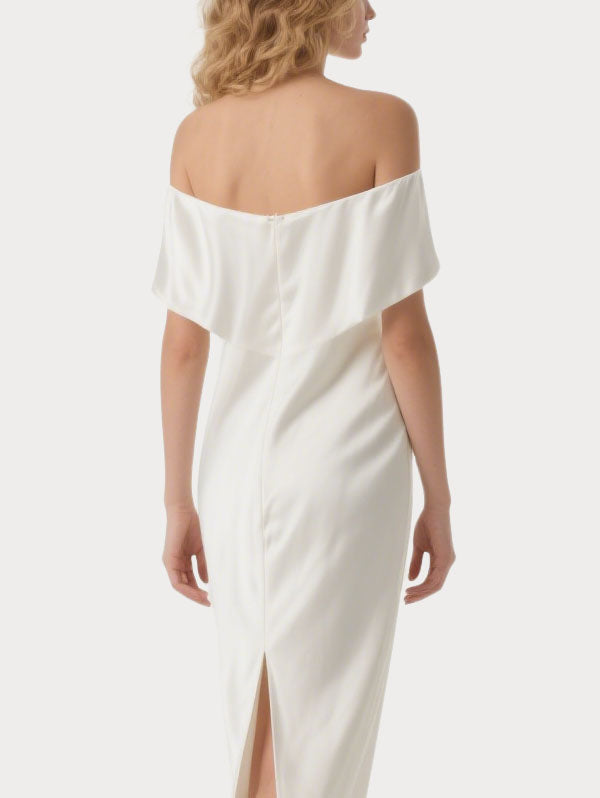White Off Shoulder Satin Dress Ruched Formal Midi Gown