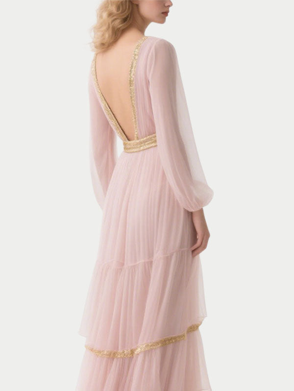 Pink Tulle Tiered Maxi Dress Gold Trim Deep V Evening Gown
