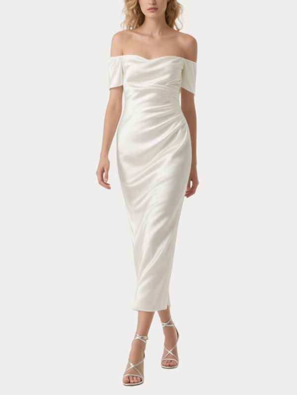 White Off Shoulder Satin Dress Ruched Formal Midi Gown