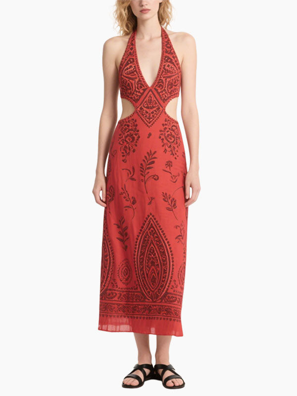 Red Halter Neck Cut Out Maxi Dress Women's Boho Summer Outfit