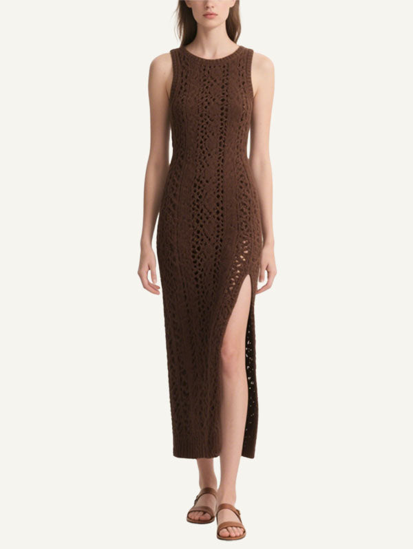 Brown Knitted Cut Out Maxi Dress Women's Boho Chic Dress
