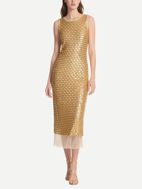 Gold Sequin Embellished Midi Dress with Pearl Trimmed Neckline