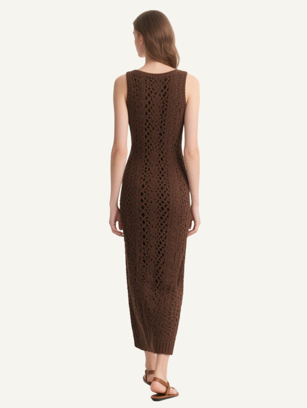 Brown Knitted Cut Out Maxi Dress Women's Boho Chic Dress