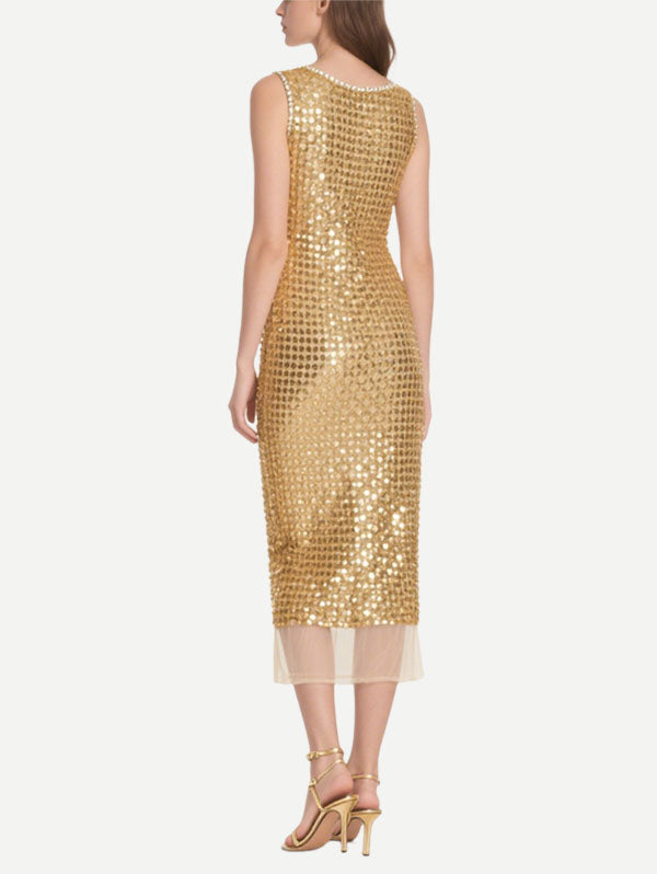 Gold Sequin Embellished Midi Dress with Pearl Trimmed Neckline