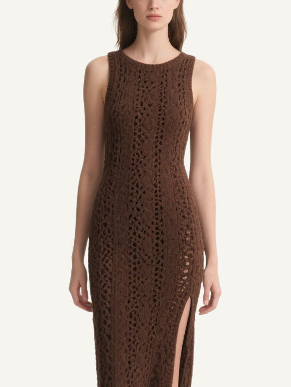 Brown Knitted Cut Out Maxi Dress Women's Boho Chic Dress