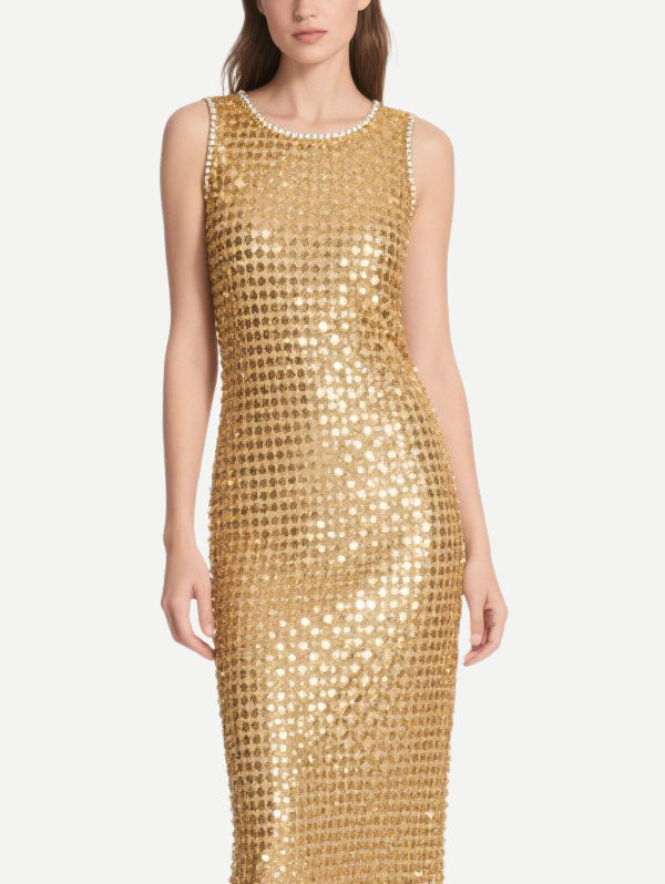 Gold Sequin Embellished Midi Dress with Pearl Trimmed Neckline