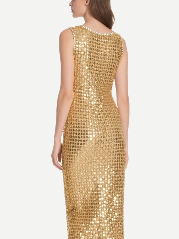 Gold Sequin Embellished Midi Dress with Pearl Trimmed Neckline