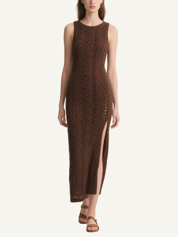 Brown Knitted Cut Out Maxi Dress Women's Boho Chic Dress