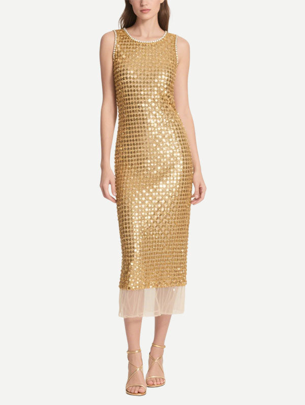 Gold Sequin Embellished Midi Dress with Pearl Trimmed Neckline