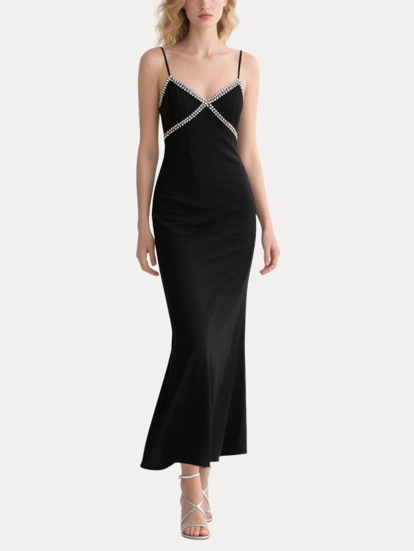 Black Satin Maxi Dress Crystal Embellished V-neck Straps Dress