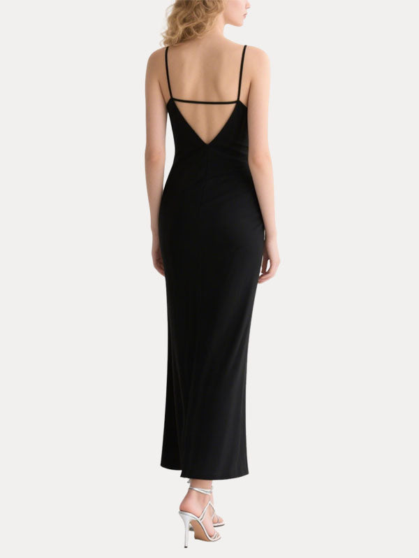Black Satin Maxi Dress Crystal Embellished V-neck Straps Dress