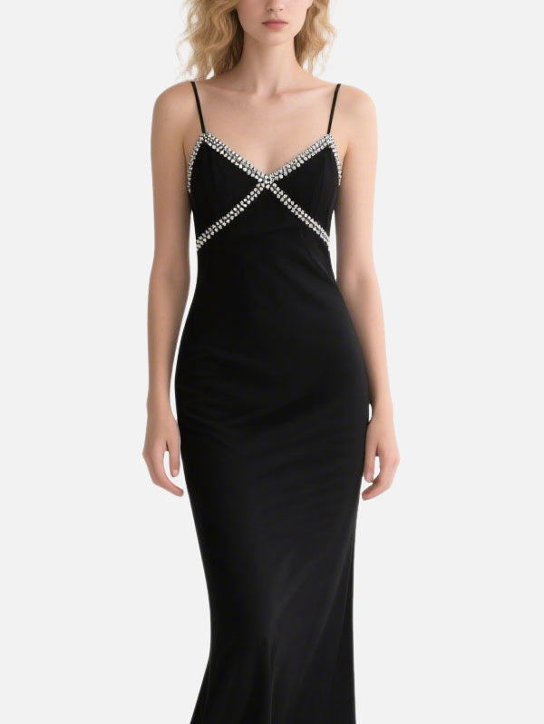 Black Satin Maxi Dress Crystal Embellished V-neck Straps Dress