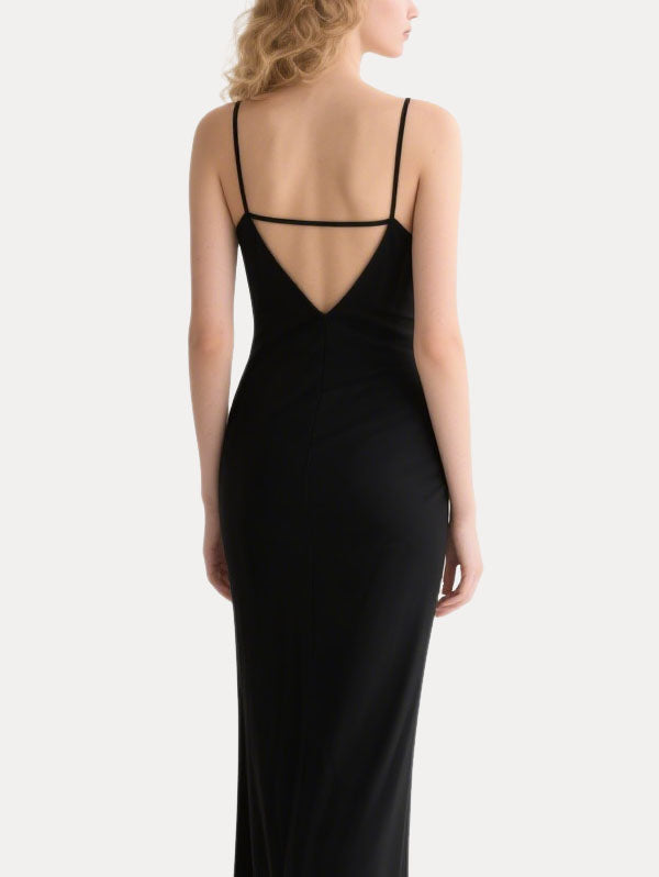 Black Satin Maxi Dress Crystal Embellished V-neck Straps Dress