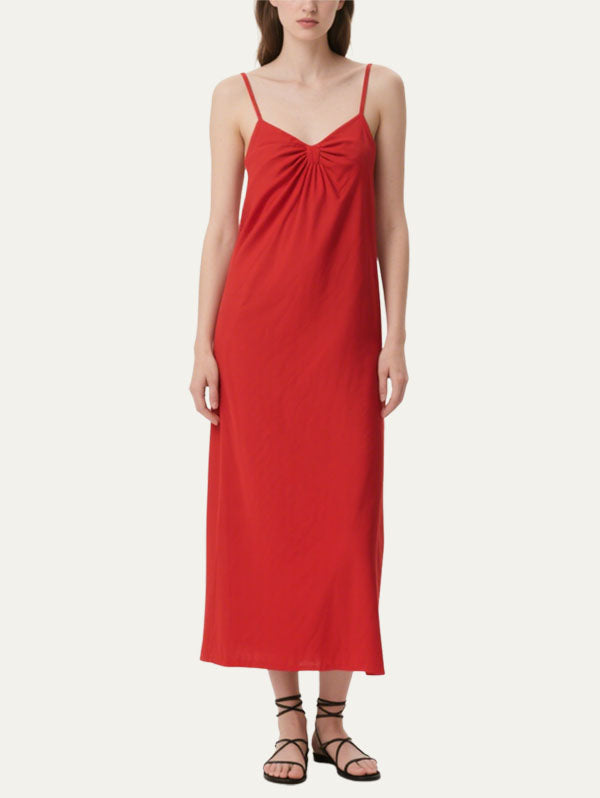 Red Ruched Slip Maxi Dress Women's Casual Summer Outfit