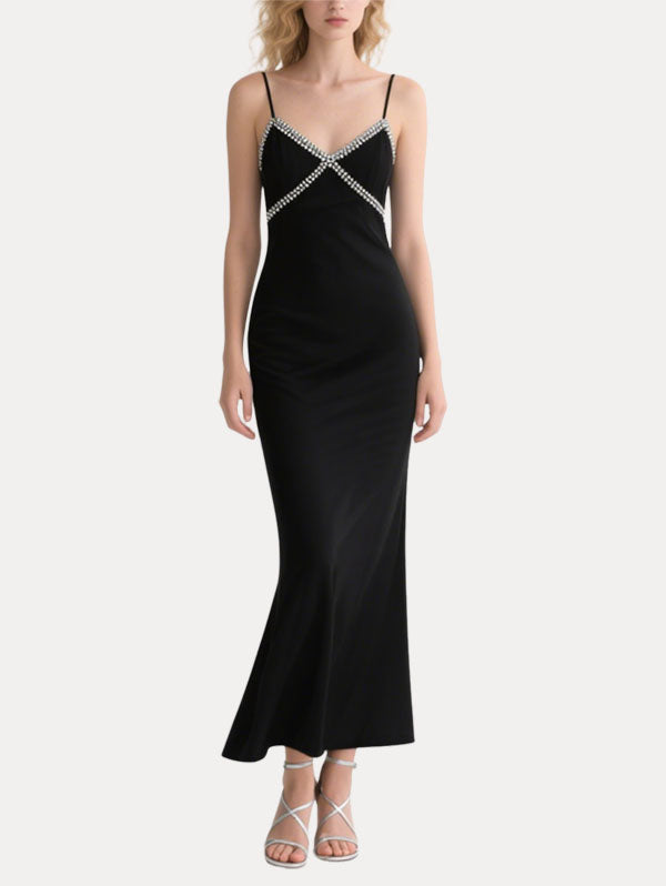 Black Satin Maxi Dress Crystal Embellished V-neck Straps Dress