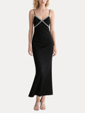 Black Satin Maxi Dress Crystal Embellished V-neck Straps Dress