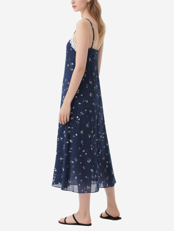 Navy Blue Floral Dress with Lace Trim Women's Elegant Midi Dress