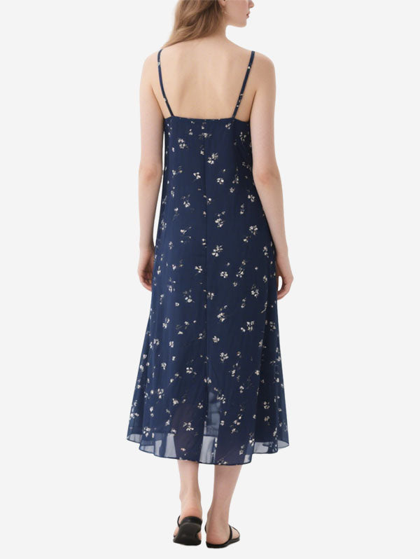 Navy Blue Floral Dress with Lace Trim Women's Elegant Midi Dress