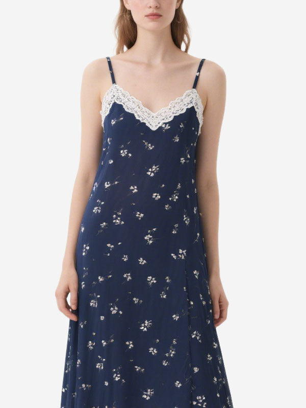 Navy Blue Floral Dress with Lace Trim Women's Elegant Midi Dress