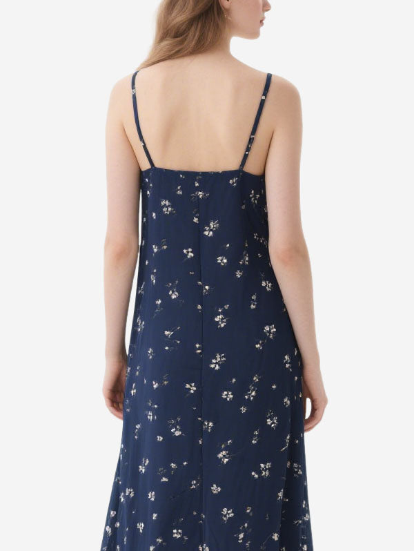 Navy Blue Floral Dress with Lace Trim Women's Elegant Midi Dress