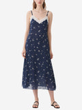 Navy Blue Floral Dress with Lace Trim Women's Elegant Midi Dress