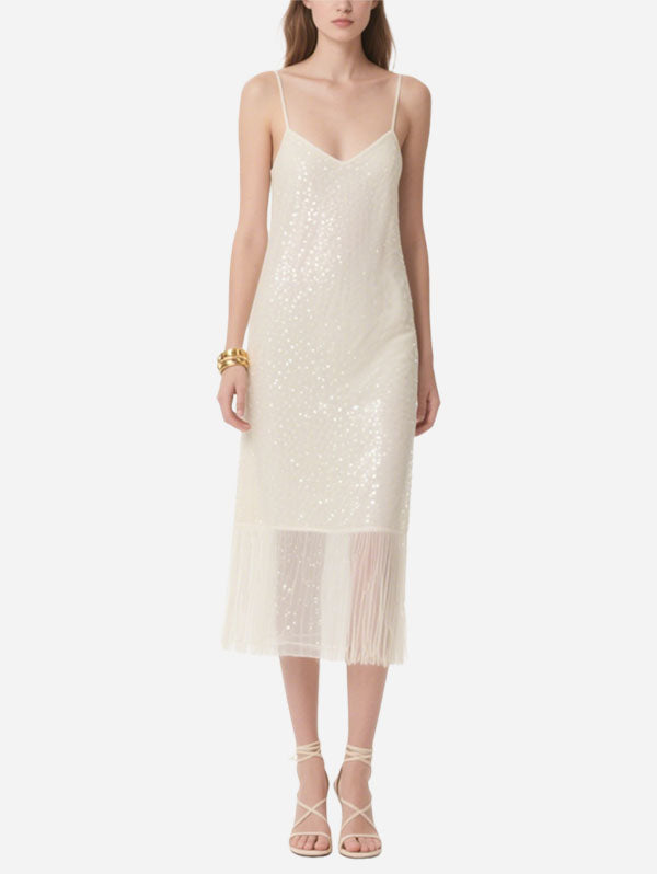 White Sequin Fringe Slip Midi Dress Women's Glamorous Party Wear