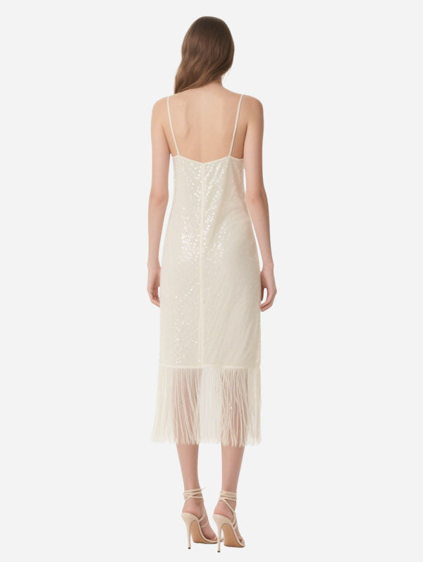 White Sequin Fringe Slip Midi Dress Women's Glamorous Party Wear