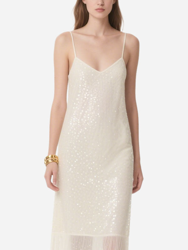 White Sequin Fringe Slip Midi Dress Women's Glamorous Party Wear