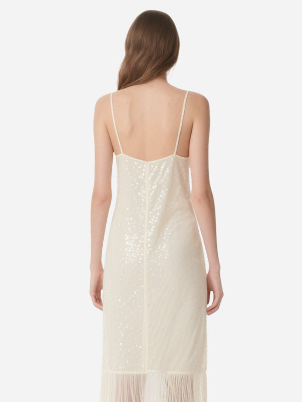 White Sequin Fringe Slip Midi Dress Women's Glamorous Party Wear