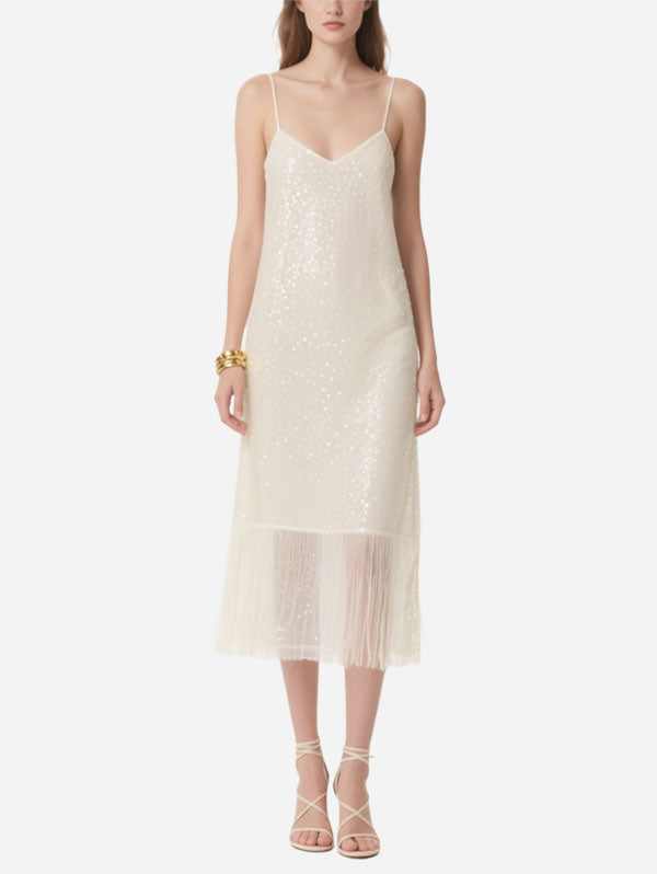White Sequin Fringe Slip Midi Dress Women's Glamorous Party Wear