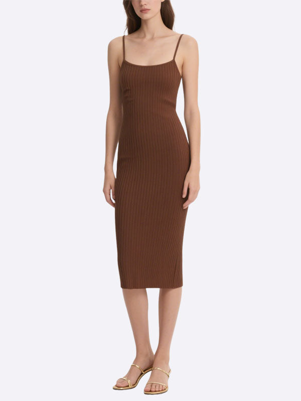 Brown Ribbed Square Neck Midi Dress Women's Stylish Casual Look