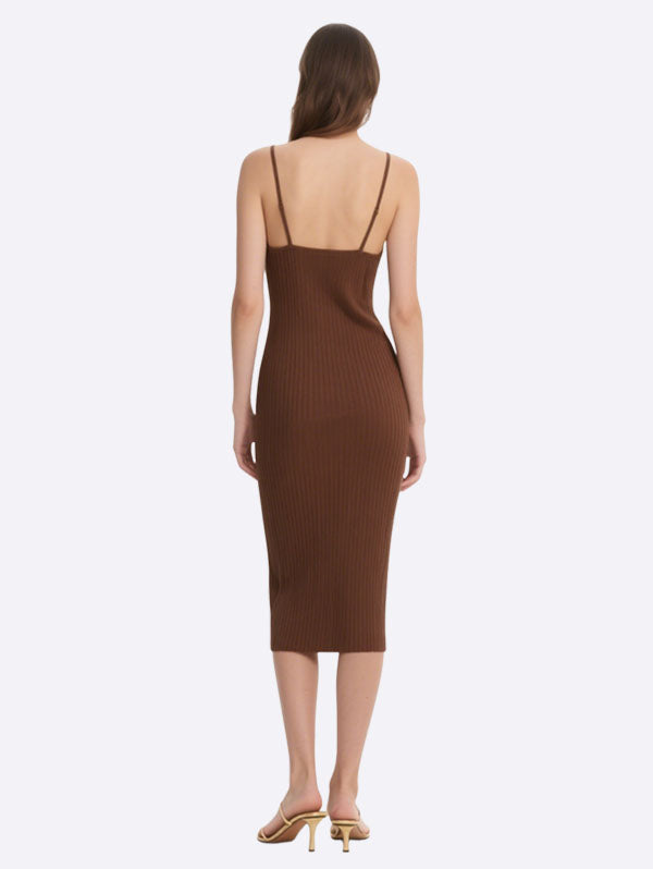 Brown Ribbed Square Neck Midi Dress Women's Stylish Casual Look