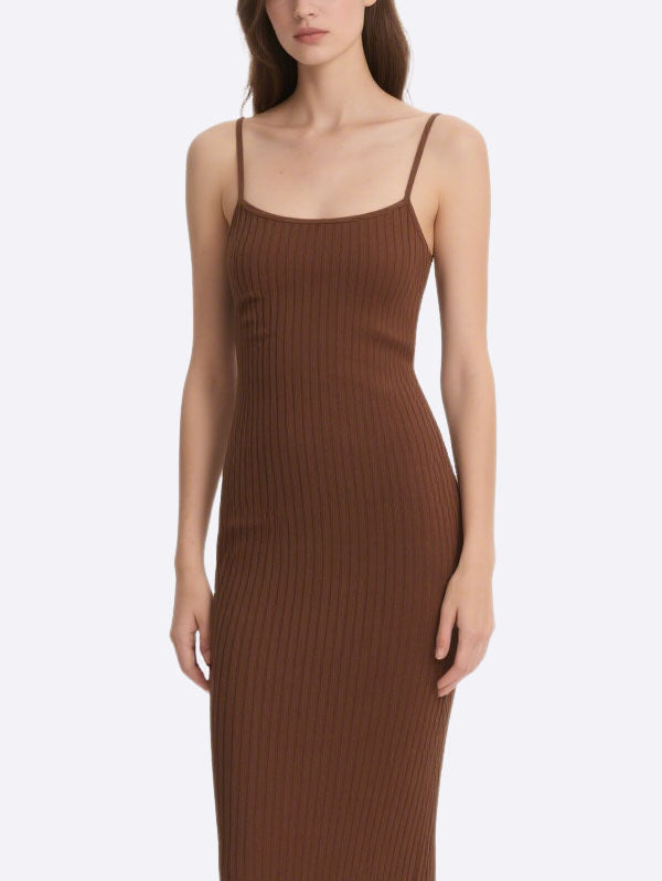 Brown Ribbed Square Neck Midi Dress Women's Stylish Casual Look