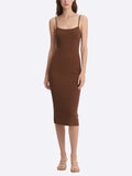 Brown Ribbed Square Neck Midi Dress Women's Stylish Casual Look