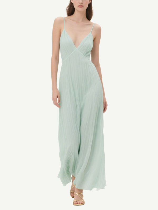 Light Green Pleated Maxi Dress Women's Flowy Summer Attire