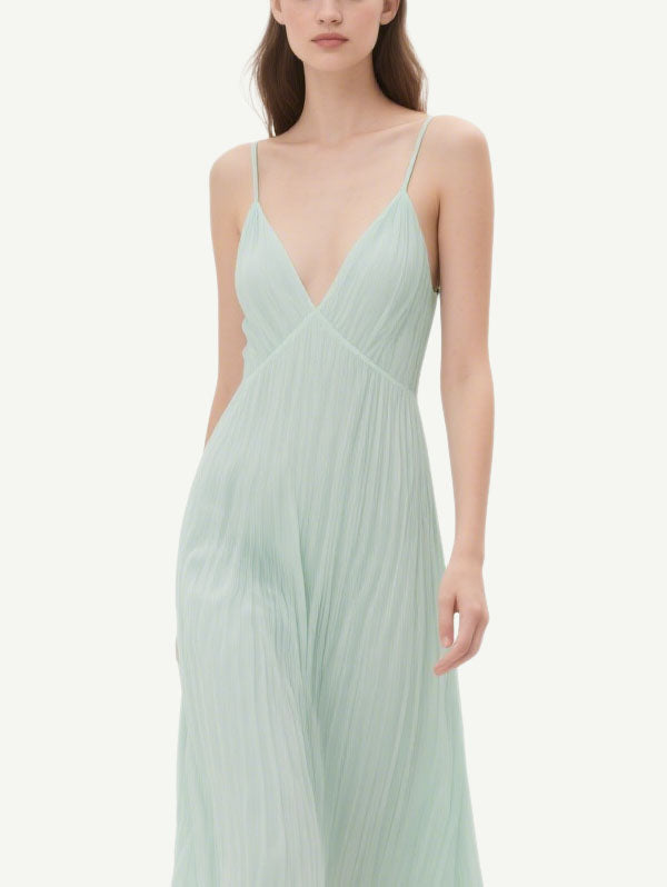 Light Green Pleated Maxi Dress Women's Flowy Summer Attire