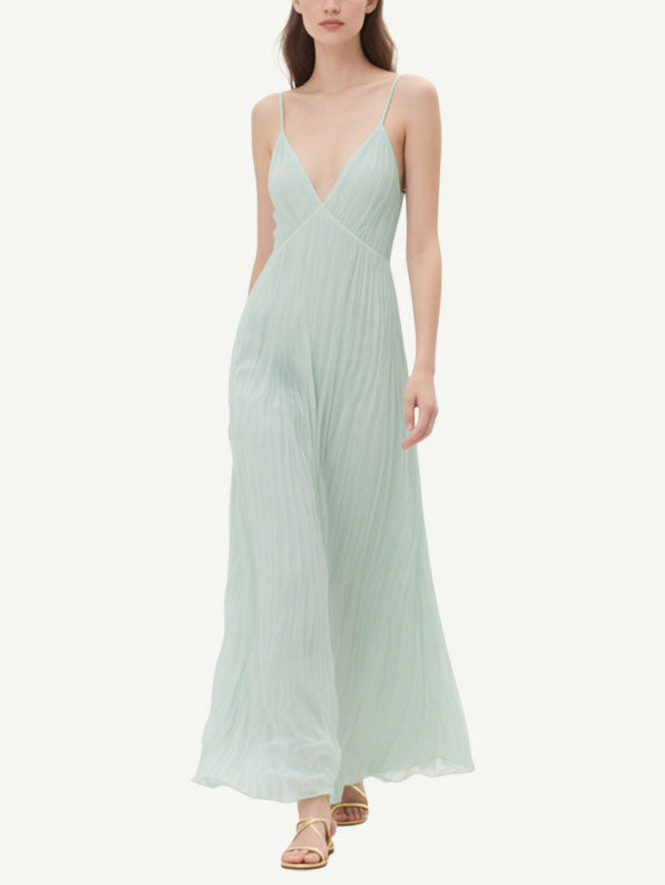 Light Green Pleated Maxi Dress Women's Flowy Summer Attire