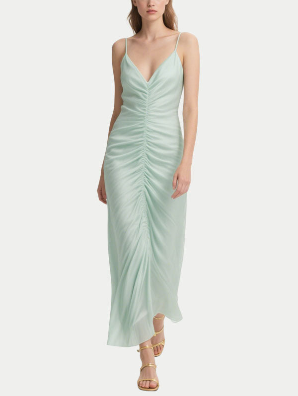 Light Green Ruched Maxi Dress Women's Elegant Evening Outfit