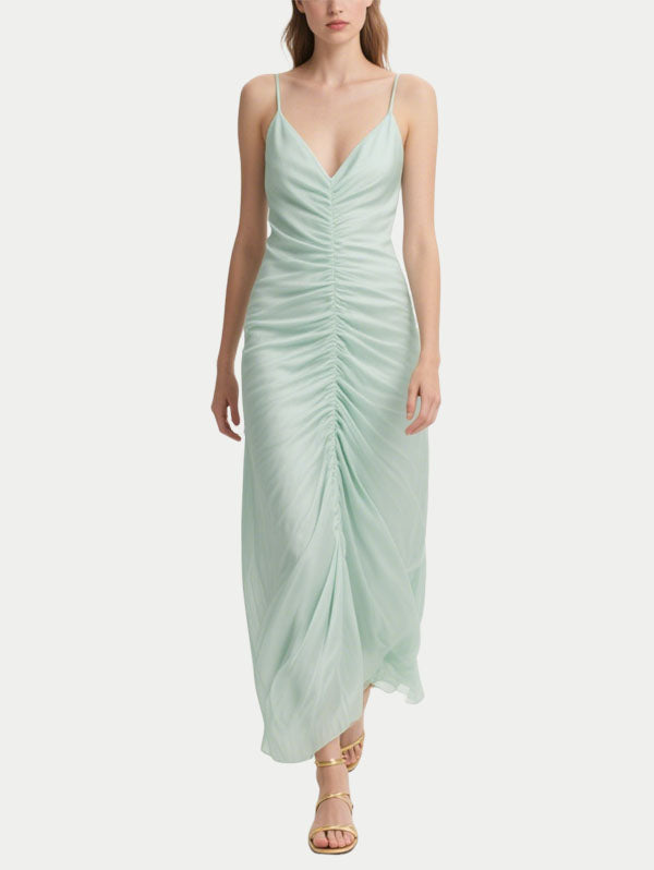 Light Green Ruched Maxi Dress Women's Elegant Evening Outfit