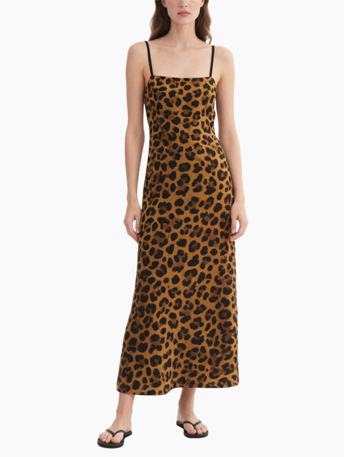 Brown Leopard Slip Maxi Dress Women's Trendy Casual Dress
