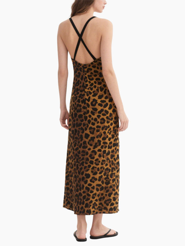 Brown Leopard Slip Maxi Dress Women's Trendy Casual Dress