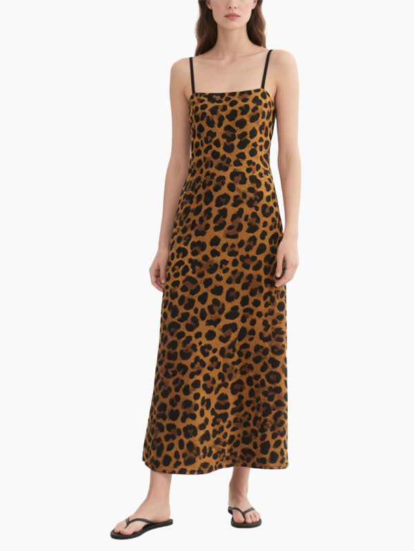Brown Leopard Slip Maxi Dress Women's Trendy Casual Dress