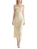 Yellow Satin Flower Trimmed Dress Slip Midi Evening Gown