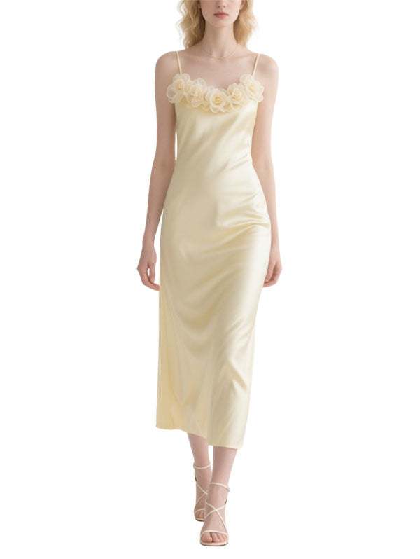 Yellow Satin Flower Trimmed Dress Slip Midi Evening Gown