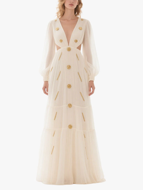 White Sheer Sleeve Cut Out Gown Gold Embellished Formal Dress