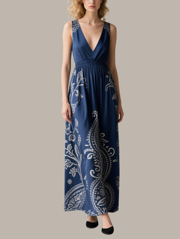 Navy Blue Paisley Maxi Dress Women's Bohemian Evening Wear