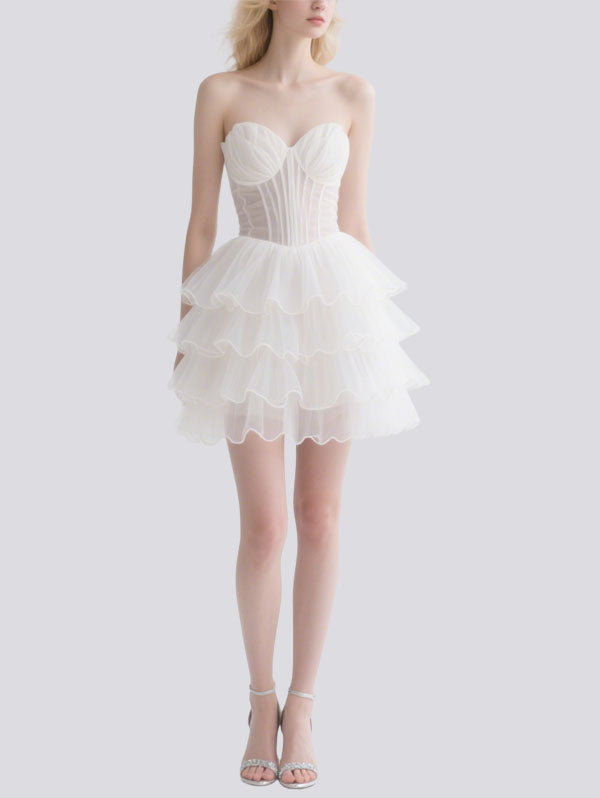 White Strapless Tulle Ruffled Short Prom Dress