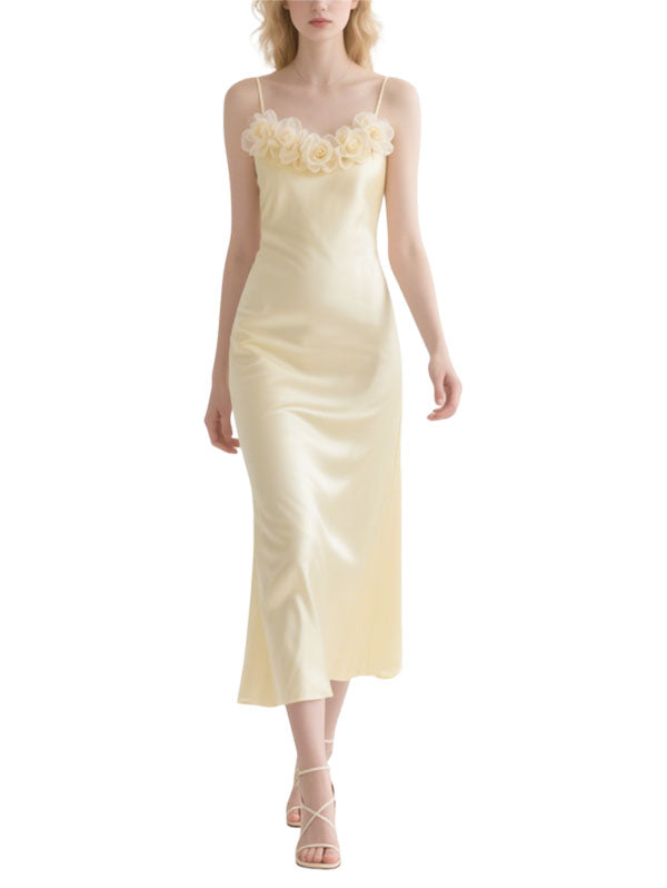 Yellow Satin Flower Trimmed Dress Slip Midi Evening Gown