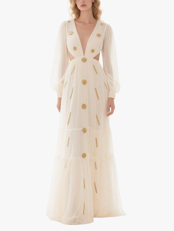 White Sheer Sleeve Cut Out Gown Gold Embellished Formal Dress