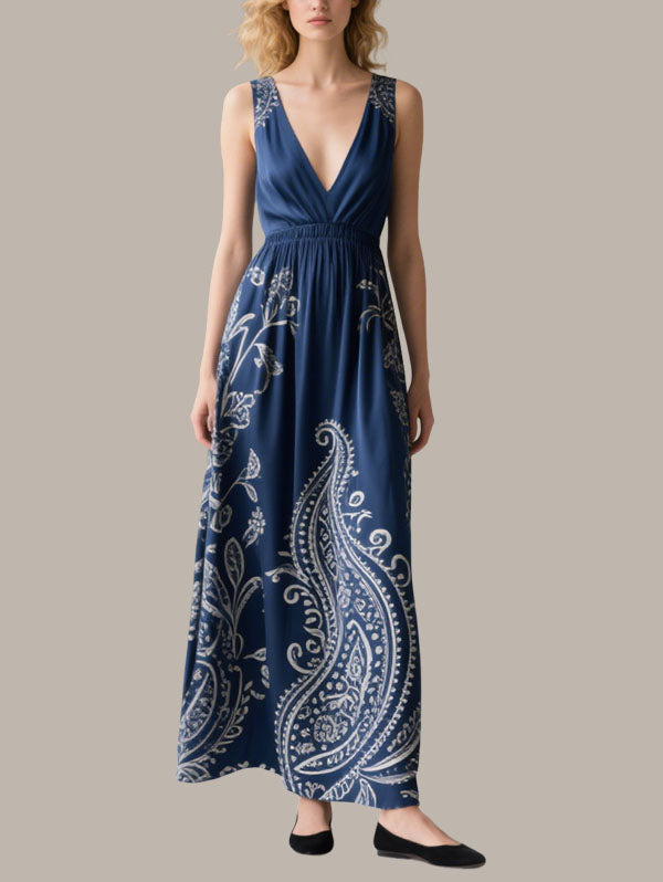 Navy Blue Paisley Maxi Dress Women's Bohemian Evening Wear